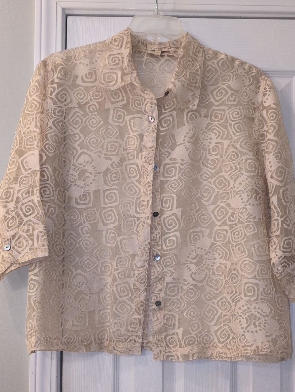 Choices Beige Short-Sleeve Button-Down Blouse/Jacket with Abstract Motif